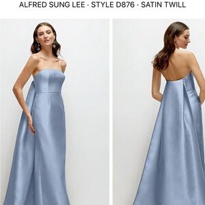 ALFRED SUNG Strapless Satin Gown in Light Blue with Removable Watteau Train